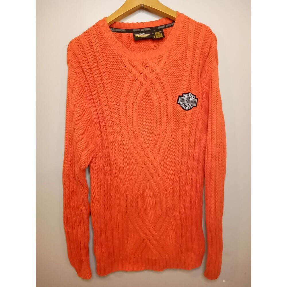 Harley Davidson Pull Over Sweater Mens Heavy Cable Knit Orange Small
